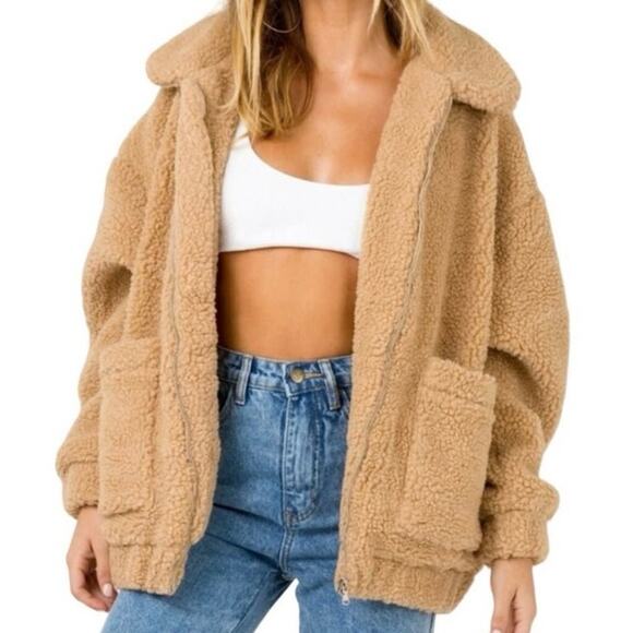 I.AM.GIA Jacket Size L Pixie Sherpa Teddy Tan Caramel Zip Up Oversized - Picture 1 of 12